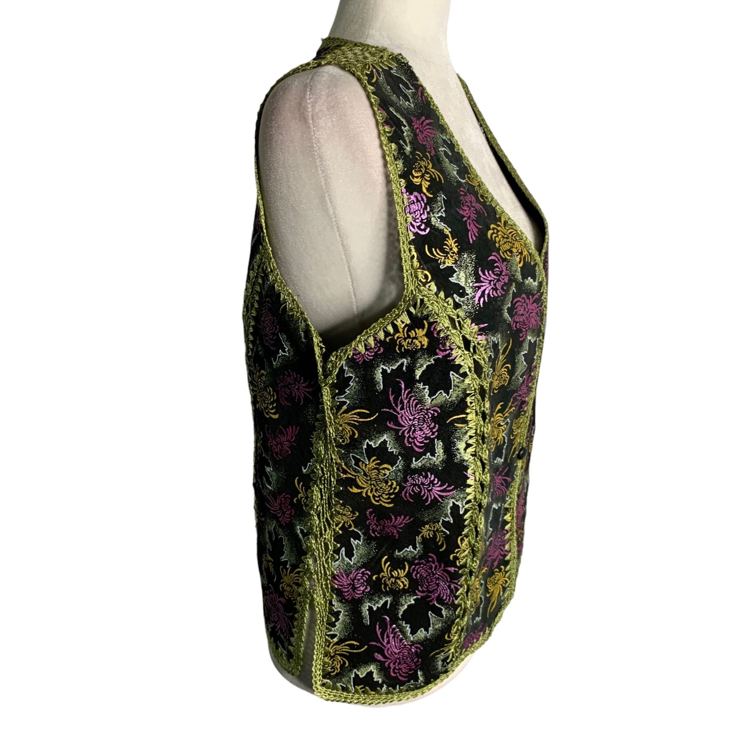 Reversible Crochet Embroidery Leather Vest S Black Floral Button Up Festival