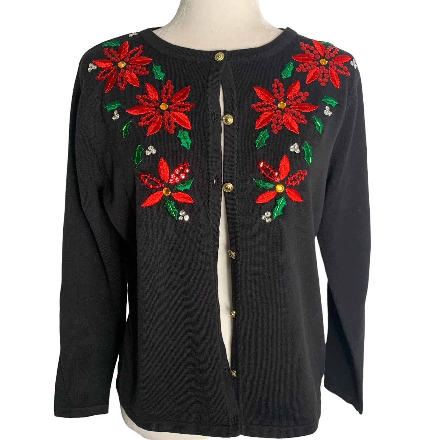 Classic Elements Holiday Poinsettia Cardigan Sweater MP Black Sequin Button Up