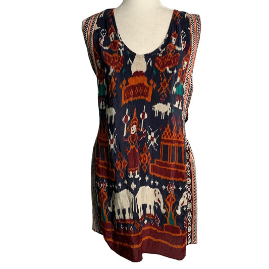 Calypso St Barth Ikat Silk Mini Dress XS Blue Elephants Scoop Neck Sleeveless