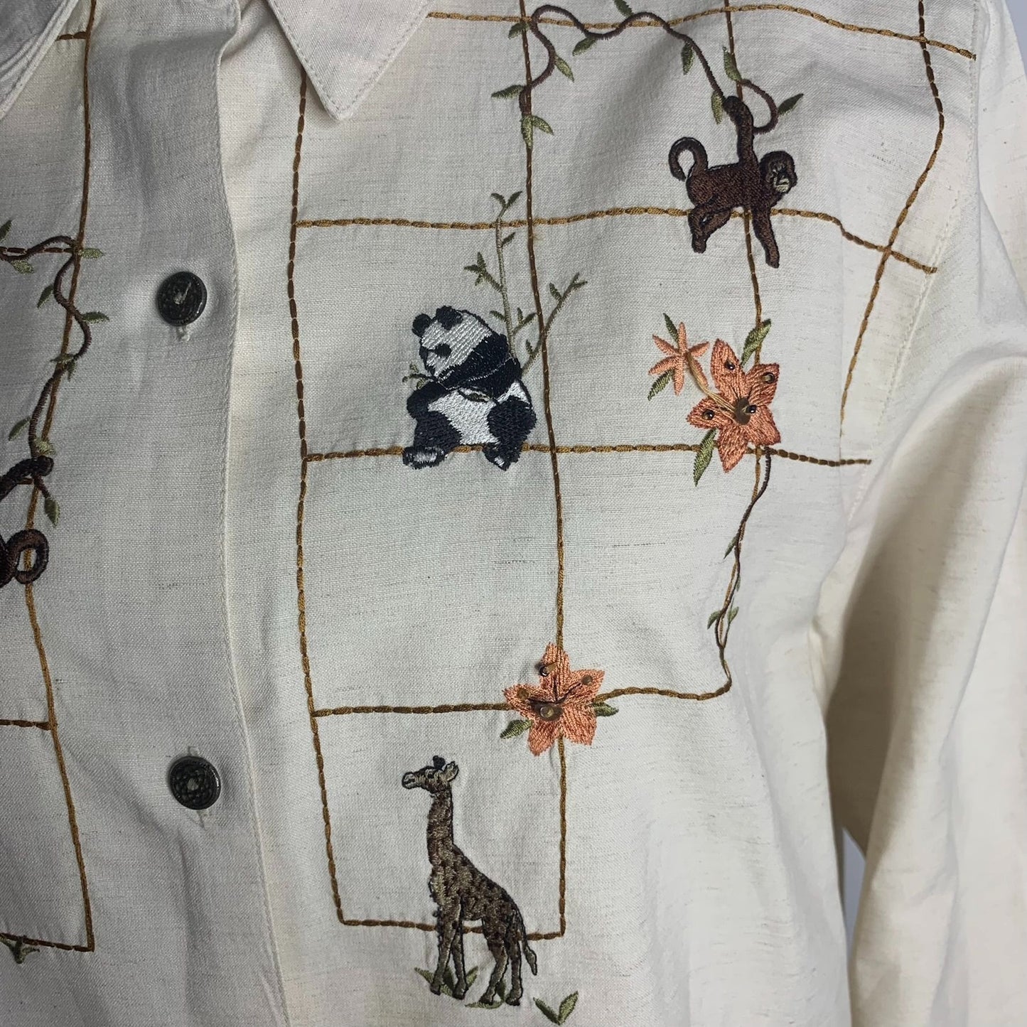 Vintage Alfred Dunner Embroidered Shirt 16 Cream Linen Animals Roll Tab Sleeves