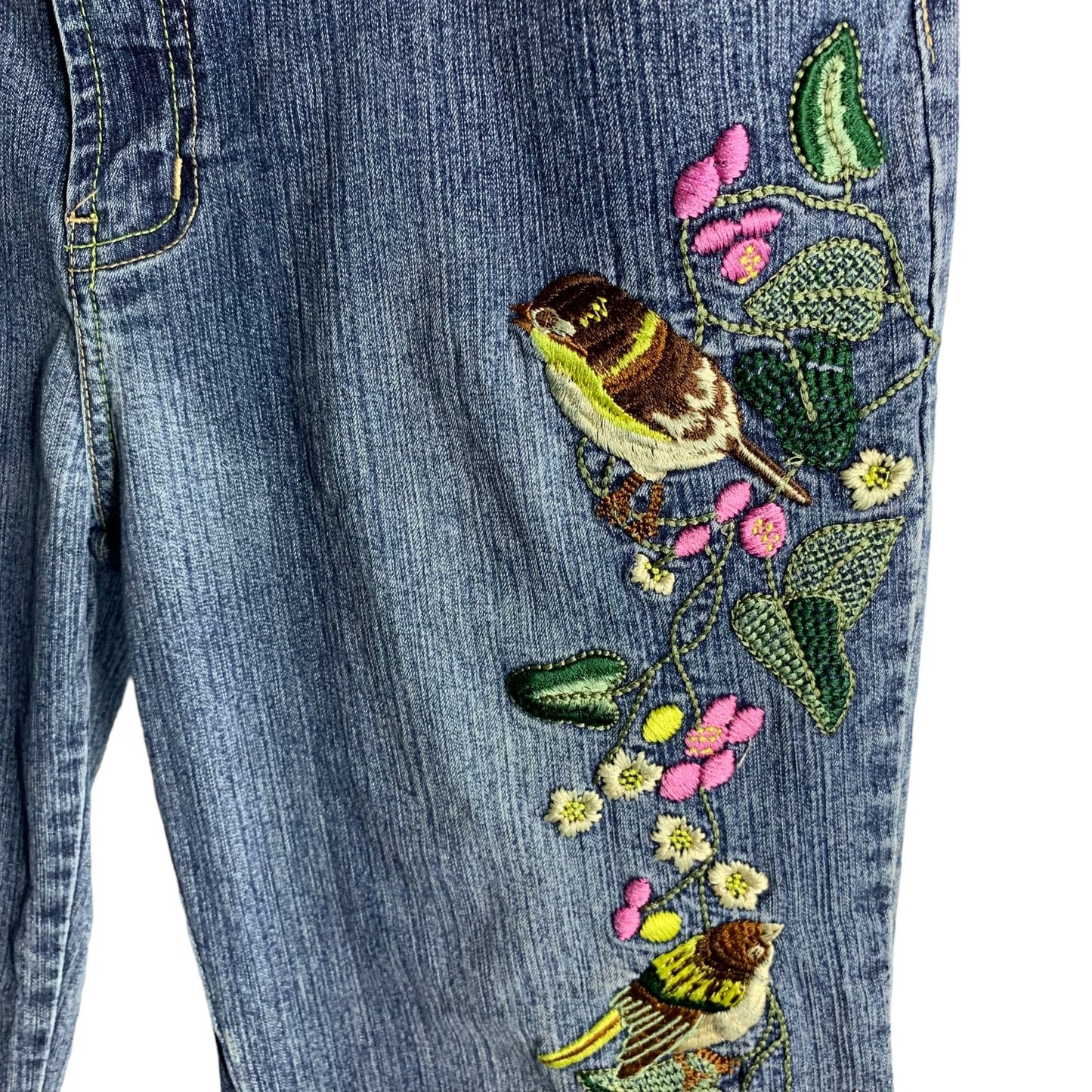 Vintage Y2K Mid Rise Embroidered Jeans 30 Med Wash Bootcut Flare Lace Birds