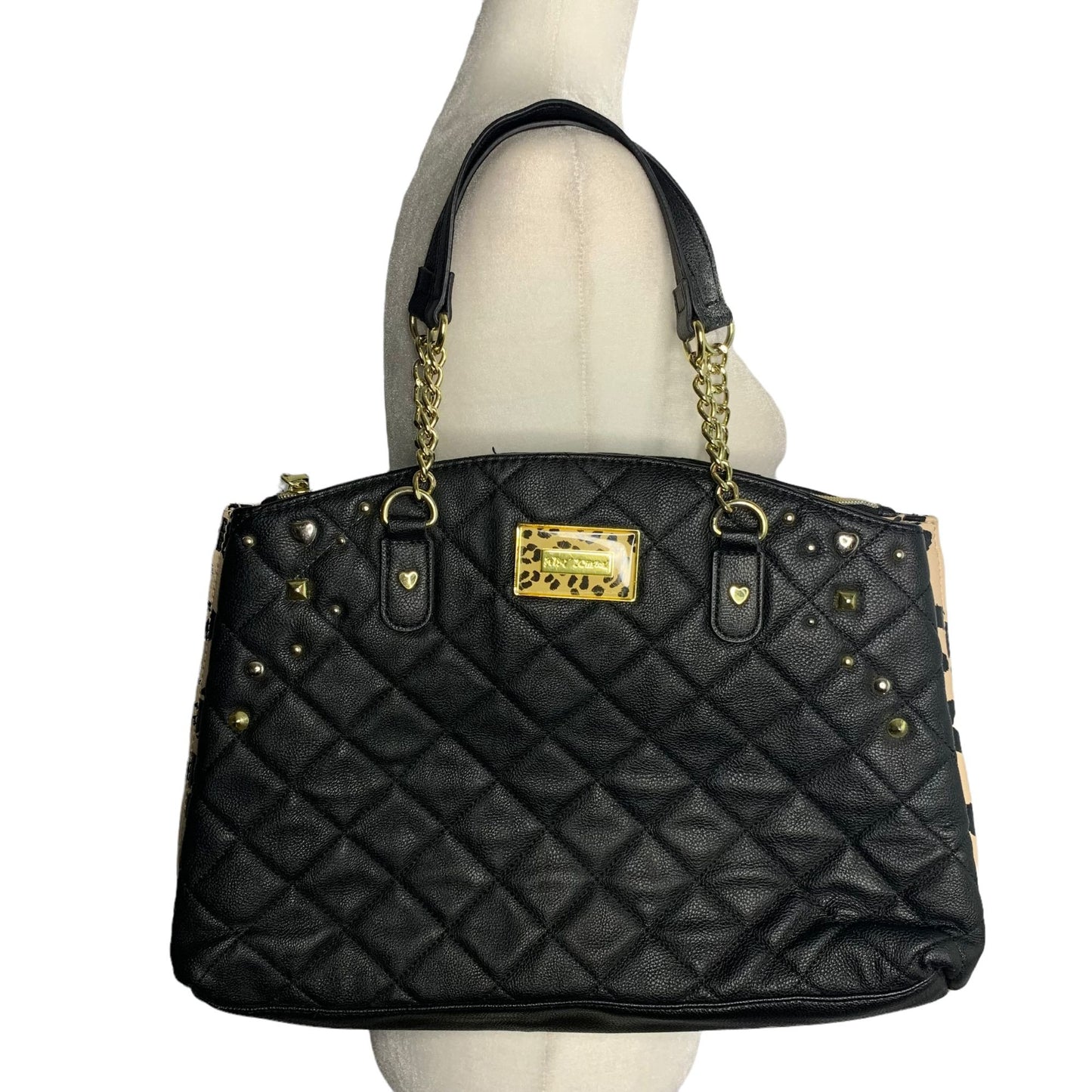 Betsey Johnson Peekaboo Leopard Shoulder Bag Black Quilted Snaps Gold Hardware