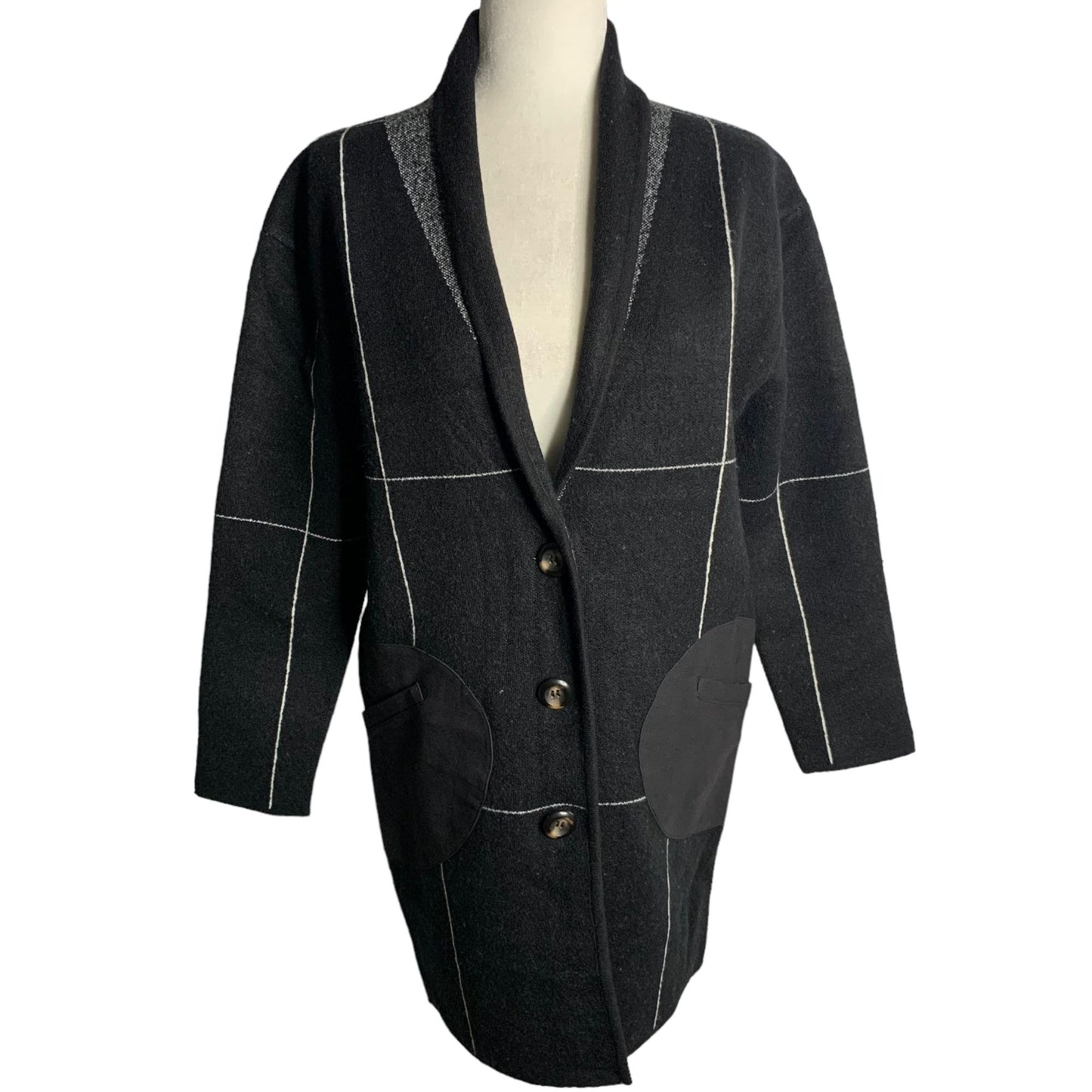 Kerisma Shawl Collar Grid Coat S/M Black Buttons Faux Leather Pockets Patches