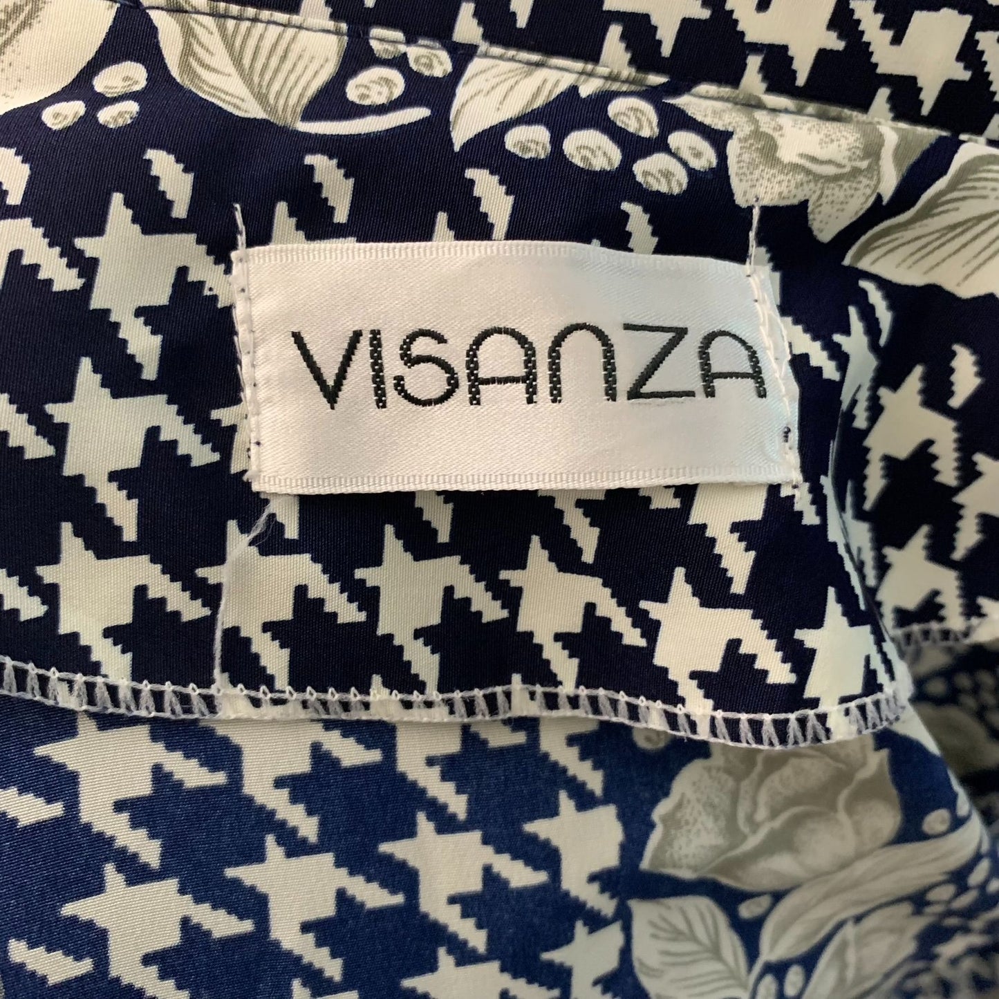 Vintage 90s Visanza Silky Blazer Jacket S Blue Houndstooth Floral Shoulder Pads