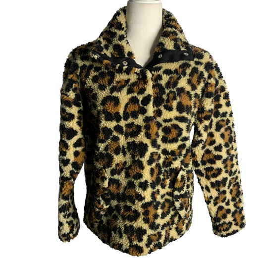 J Crew Vintage Heavy Fleece Sweatshirt XS Leopard Print Snap Collar Flap Pockets