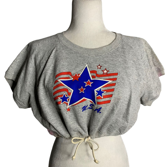 Vintage 80s Cropped Short Sleeve Sweatshirt L Grey Crewneck Drawstring Stars