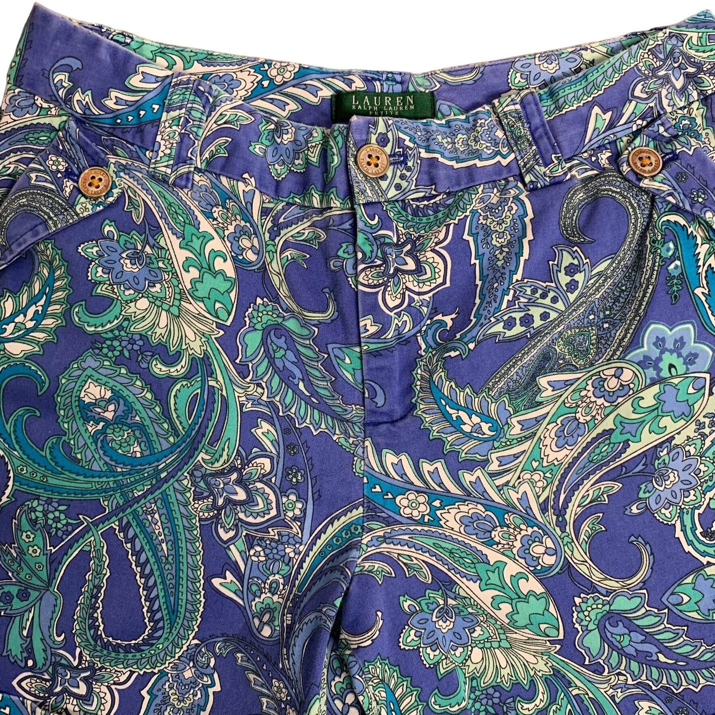 Lauren Ralph Lauren Mid Rise Shorts 8P Blue Paisley Button Zip Cuffed Pockets