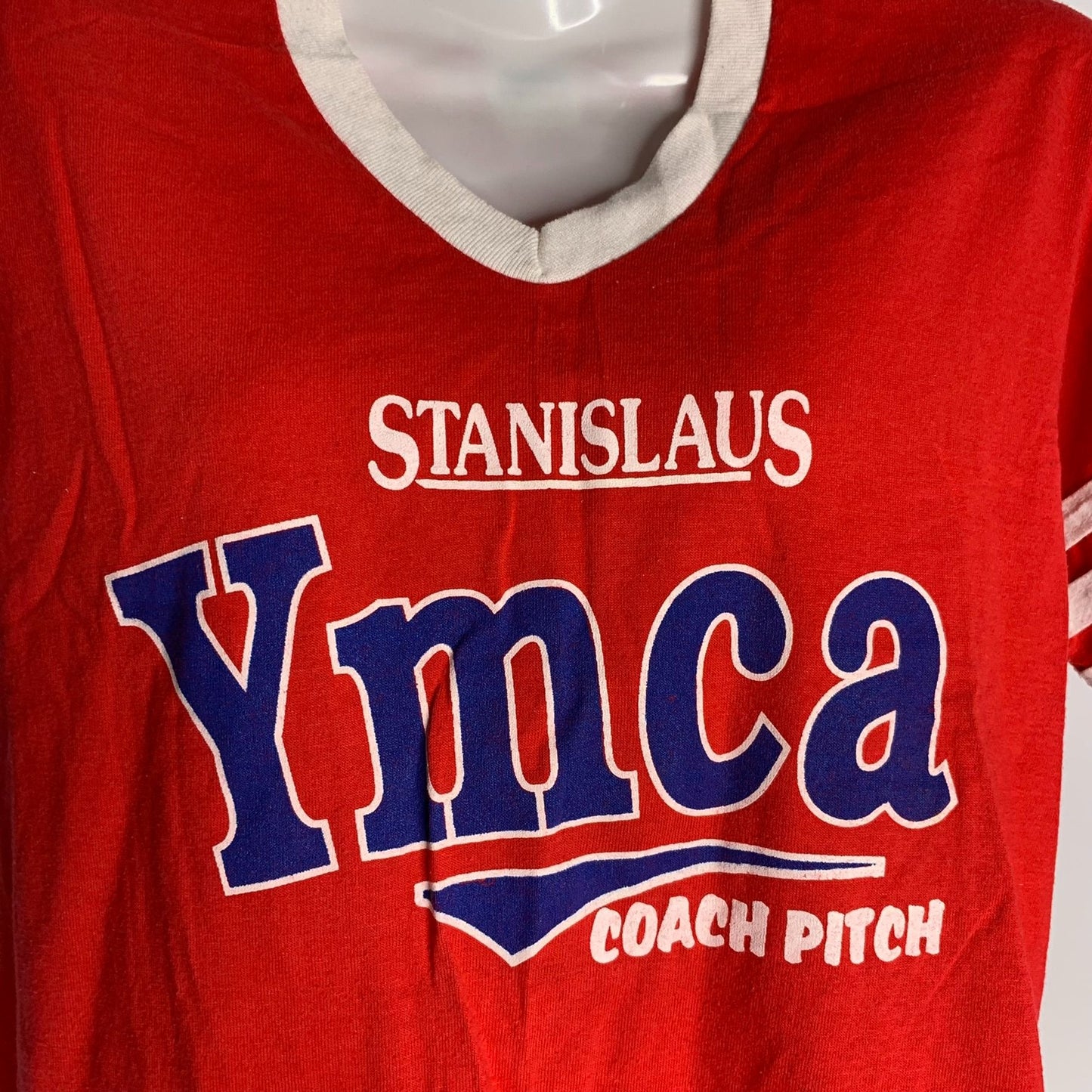 Vintage 80s YMCA Baseball T Shirt S Red V Neck Single Stitch Coach Pitch