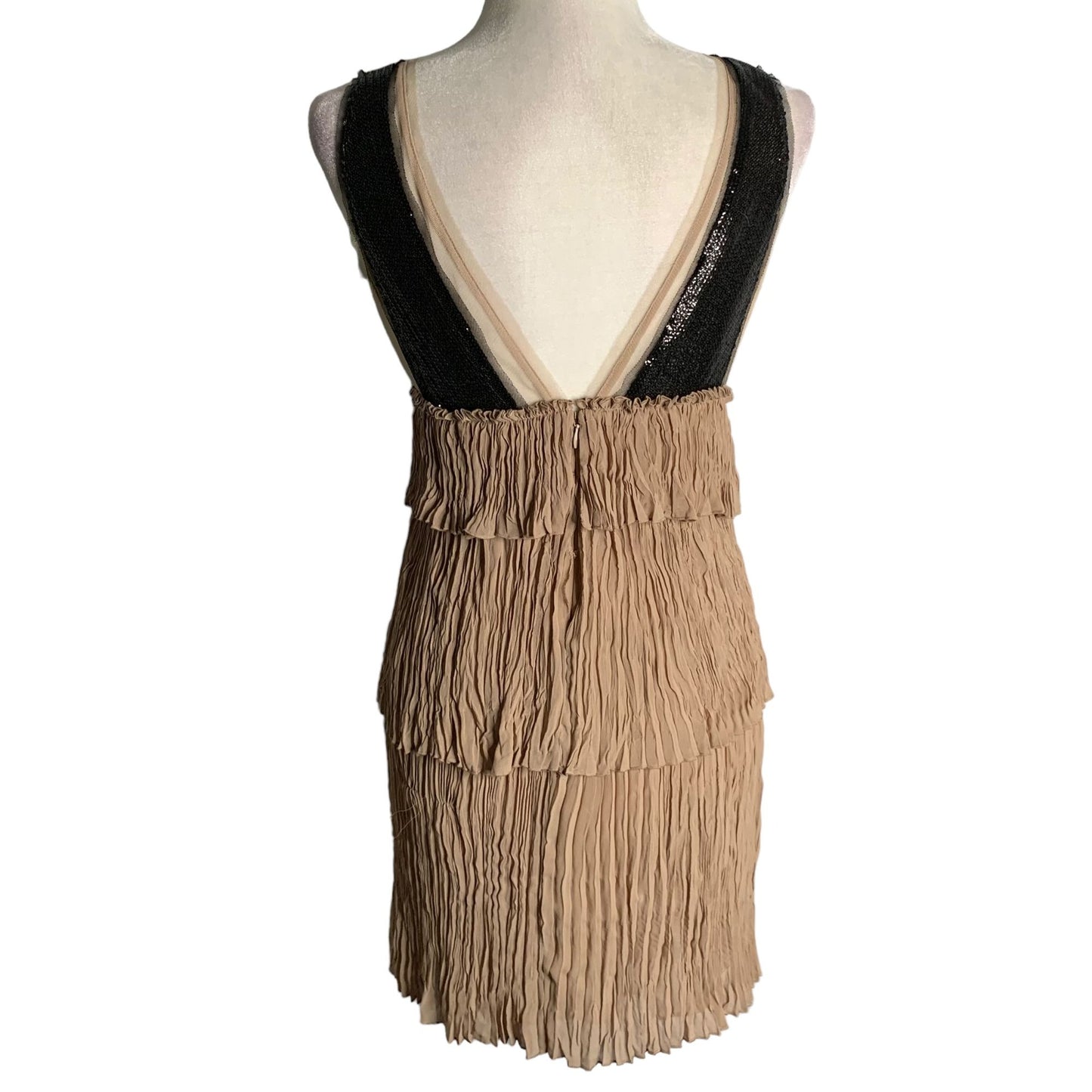 Vintage Y2K BCBG Pleated Mini Dress XS Tan Sequin Mesh Top Lined Zip Layered