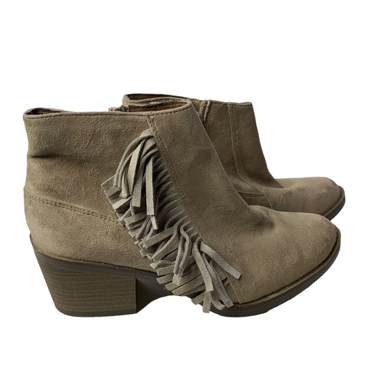 Mossimo Faux Suede Western Ankle Boots 7.5 Taupe Side Zipper Fringe Block Heel