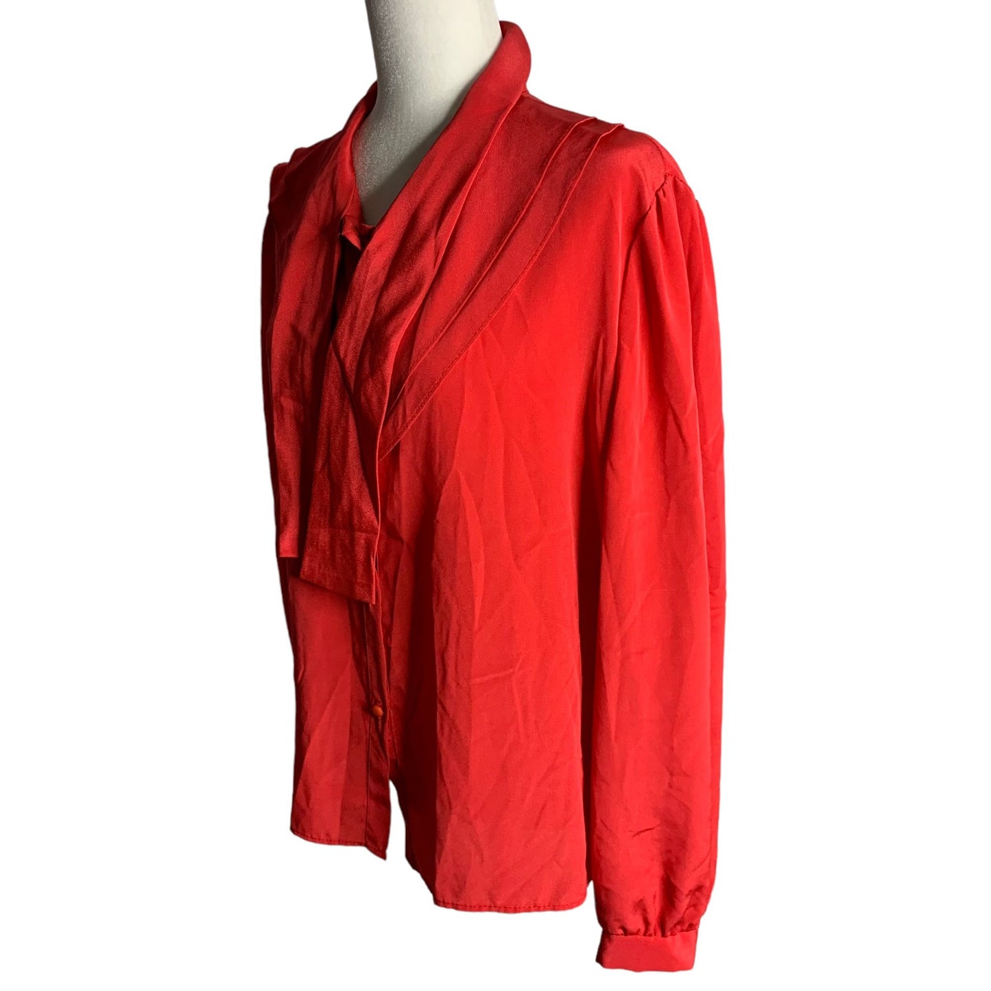 Vintage 80s Button Up Secretary Blouse L Red Long Sleeve Tie Bow Layered Collar