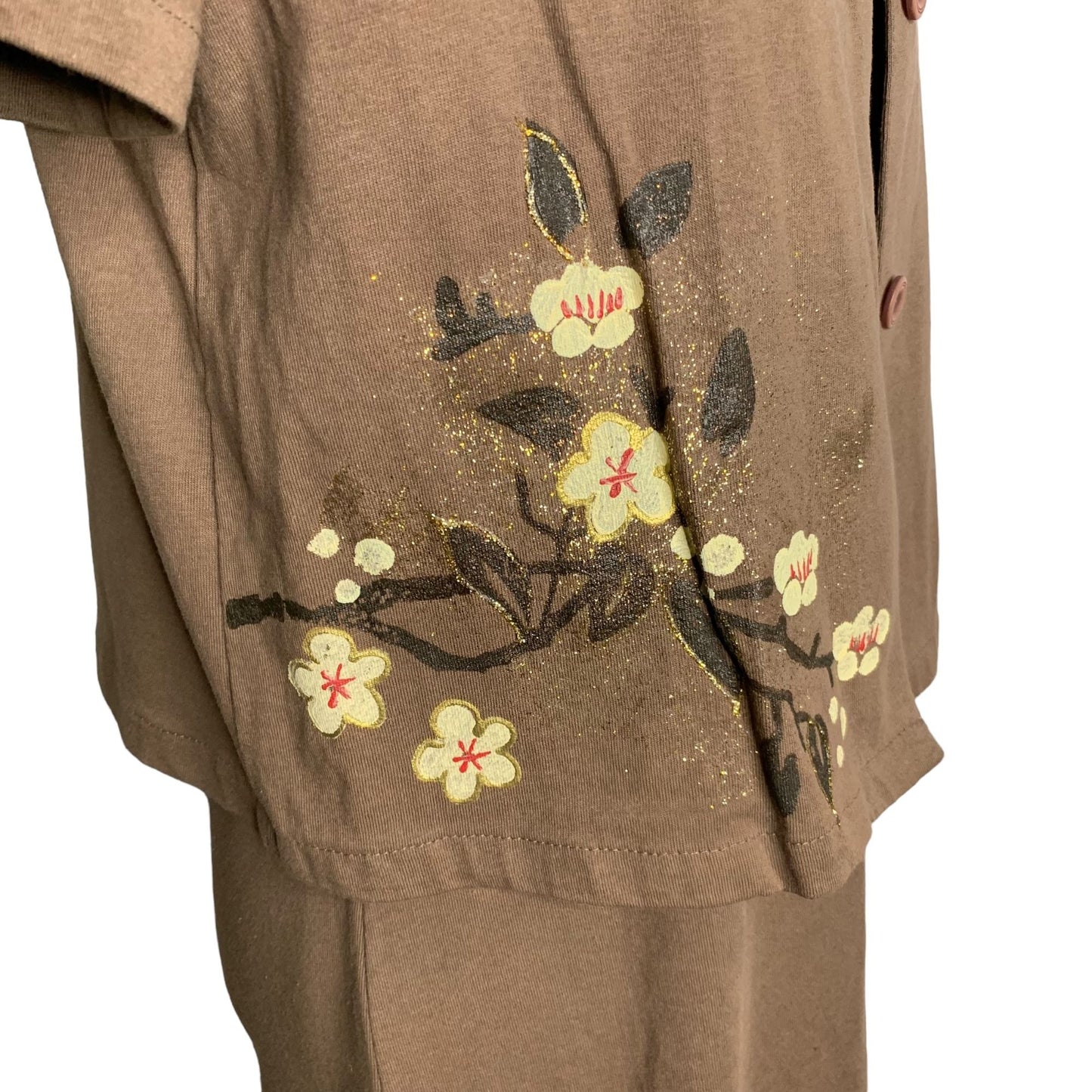 Vintage 90s Hand Painted Maxi Dress Set S Mocha Hawaiian Button Up Top Floral