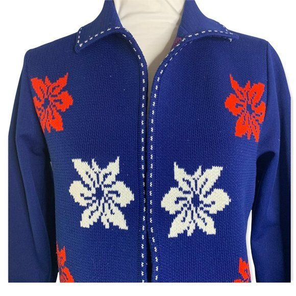 Vintage 70s Open Front Cardigan Sweater S Blue Stretch Knit Union Made