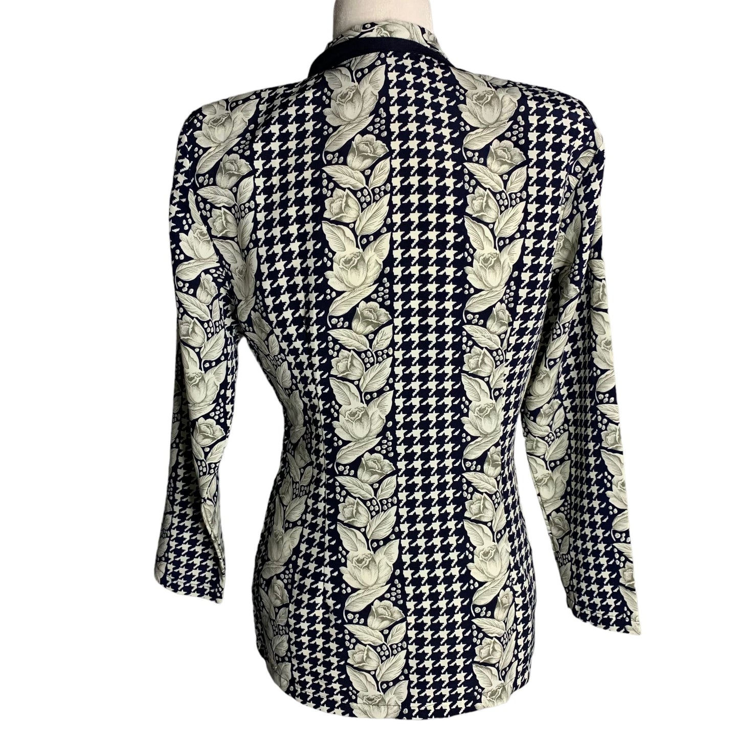 Vintage 90s Visanza Silky Blazer Jacket S Blue Houndstooth Floral Shoulder Pads