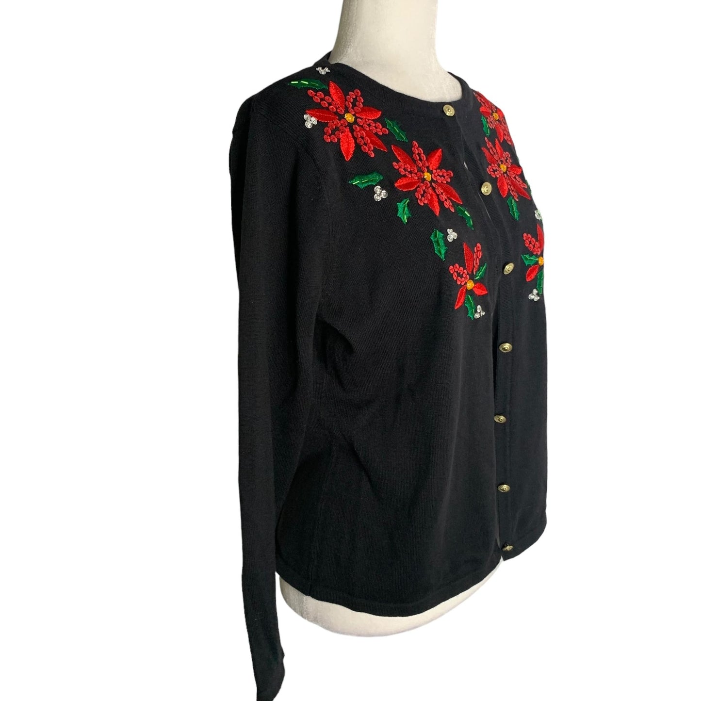 Classic Elements Holiday Poinsettia Cardigan Sweater MP Black Sequin Button Up