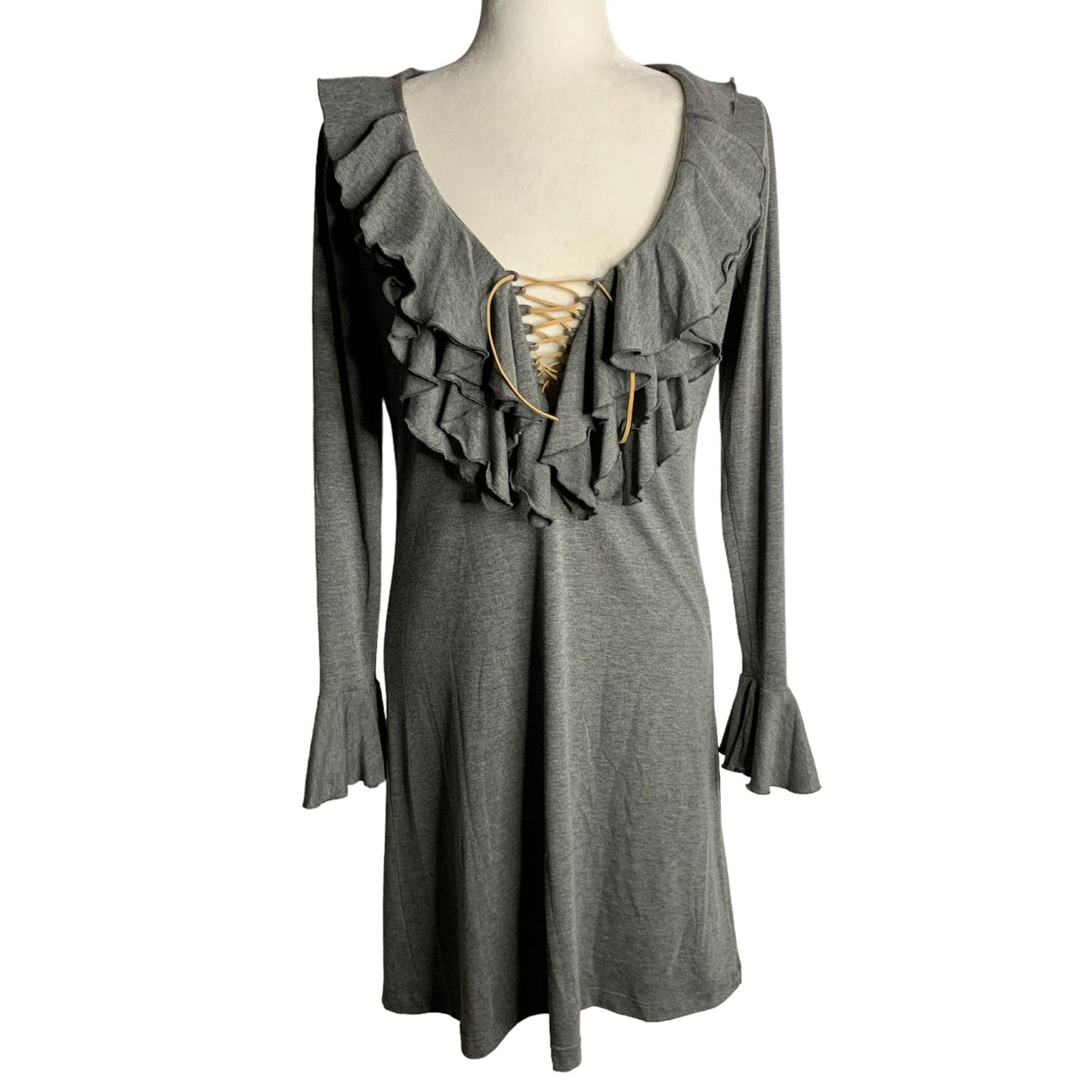 Union of Angels Ruffle Front Sheath Dress M Grey Leather Lace Up Stretch Knit