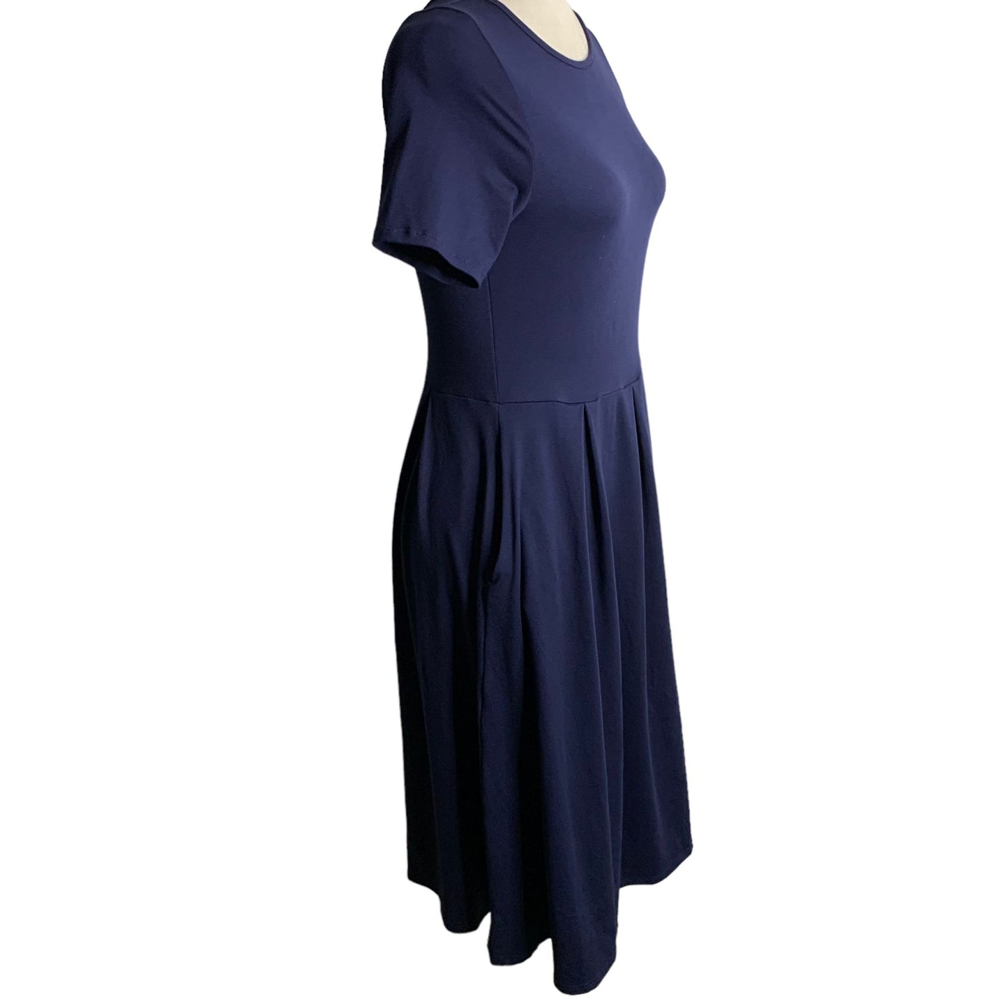 24 Seven Comfort Apparel Pleated Midi Dress S Navy Blue Short Sleeves Pockets