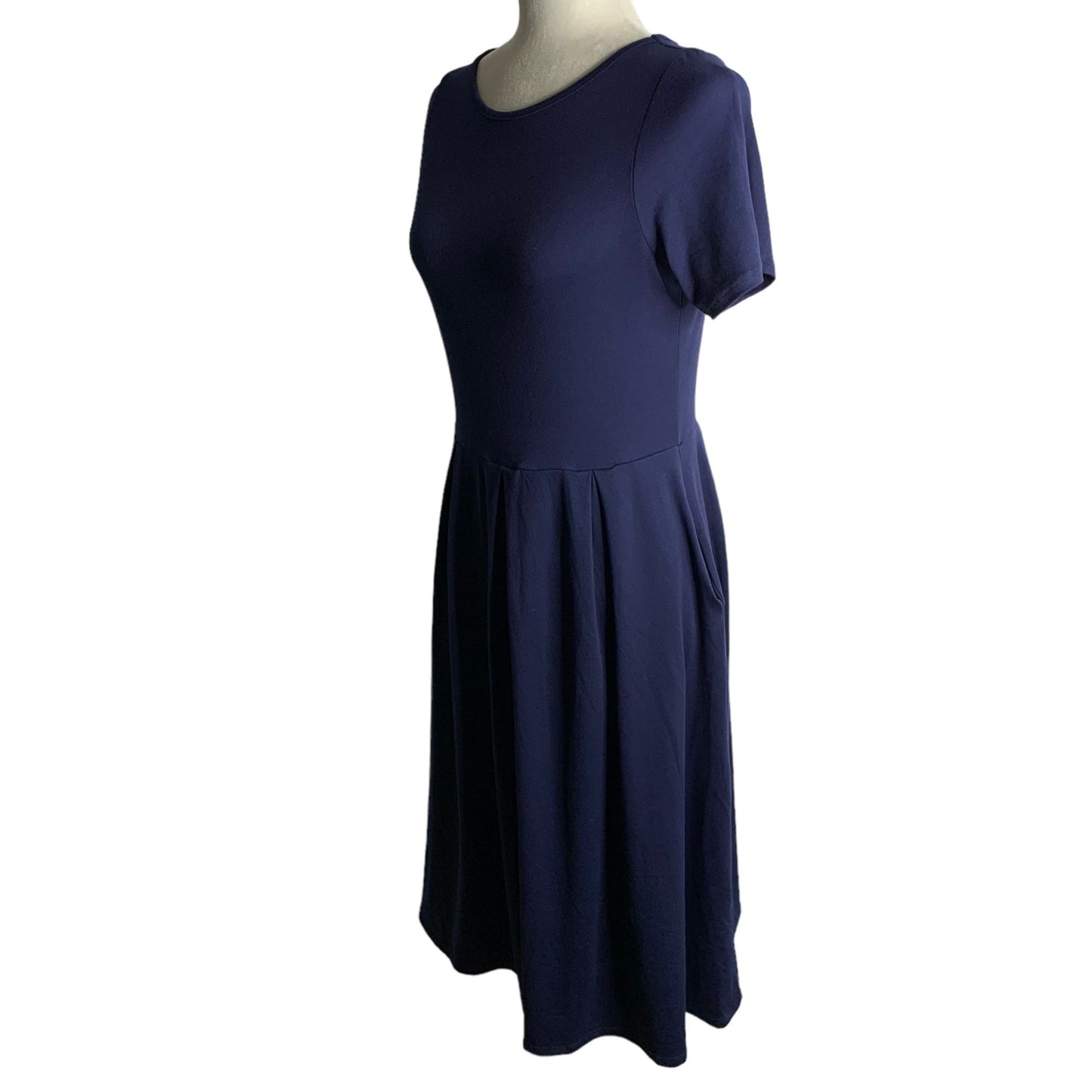 24 Seven Comfort Apparel Pleated Midi Dress S Navy Blue Short Sleeves Pockets