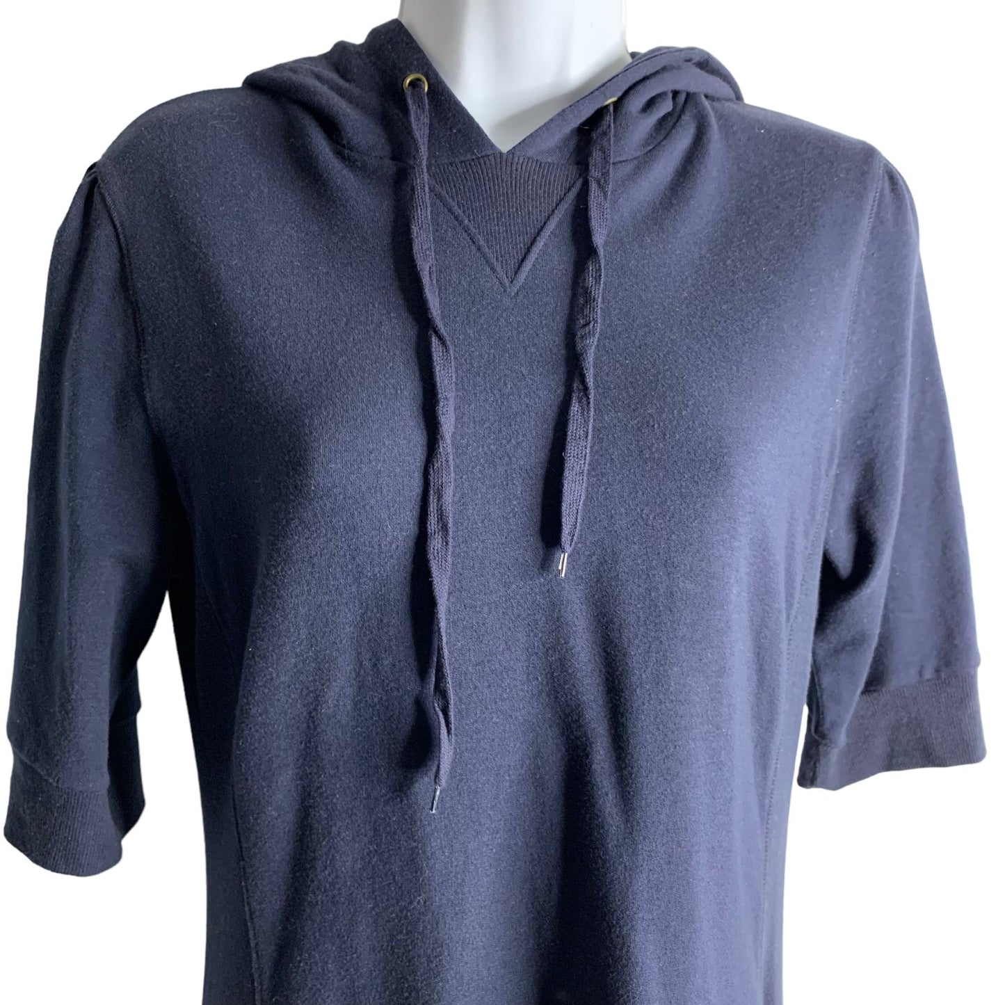 Moda Int Hooded T Shirt Dress M Blue Stretch Knit Short Sleeves Knee Length