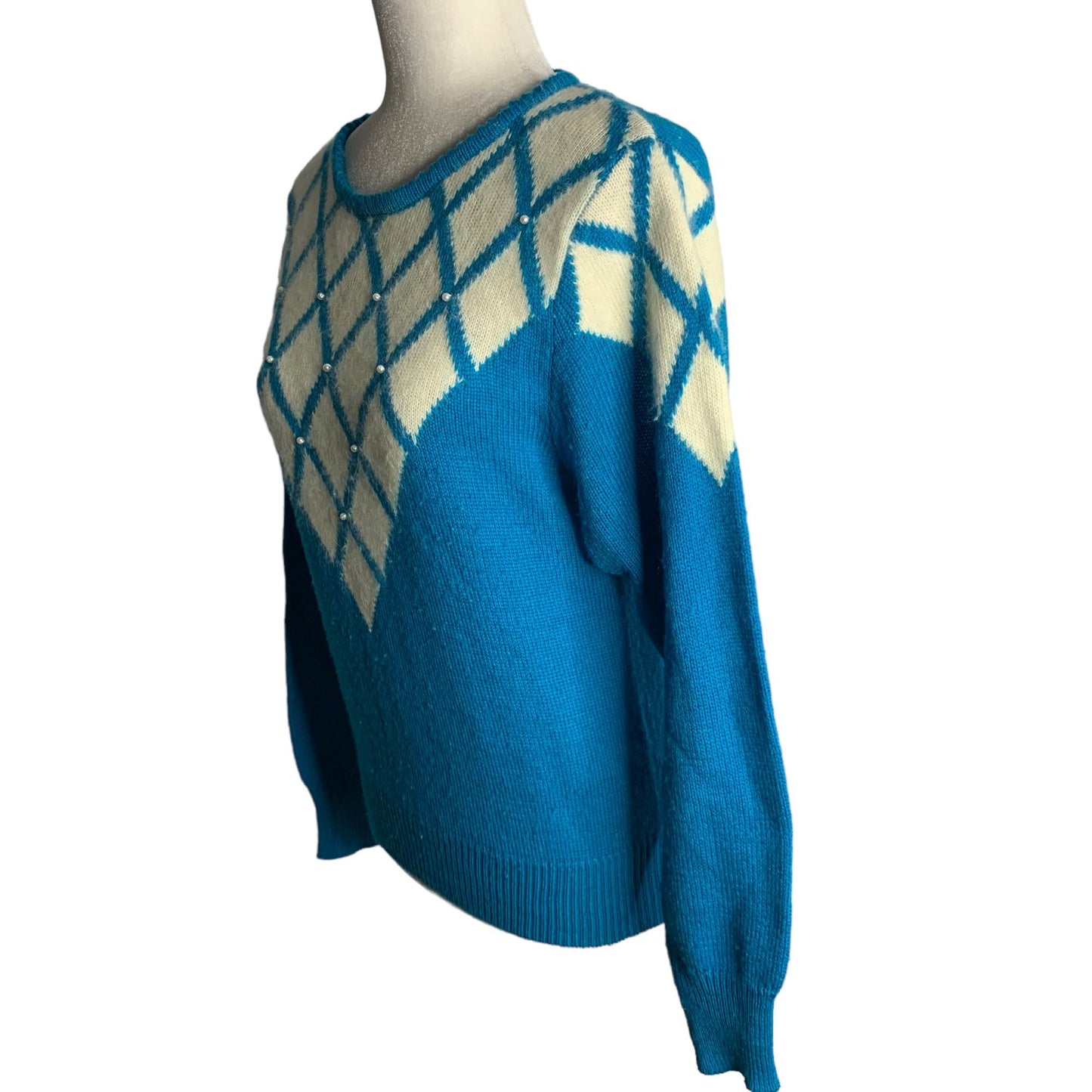 Vintage Miller Wool Angora Blend Sweater L Blue Knit Beaded Pullover Ribbed Trim