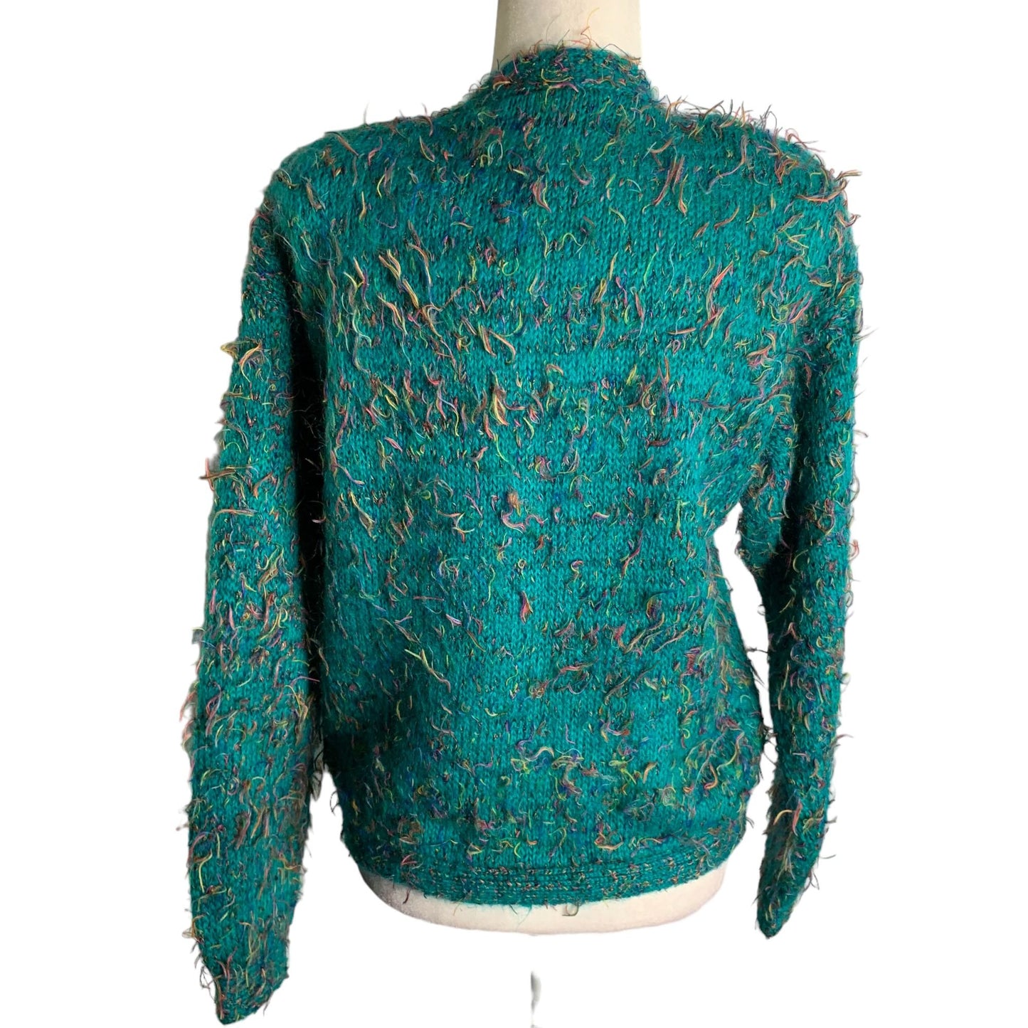 Vintage 80s Pasta Eyelash Knit Sweater M Green Mohair V Neck Shoulder Pads