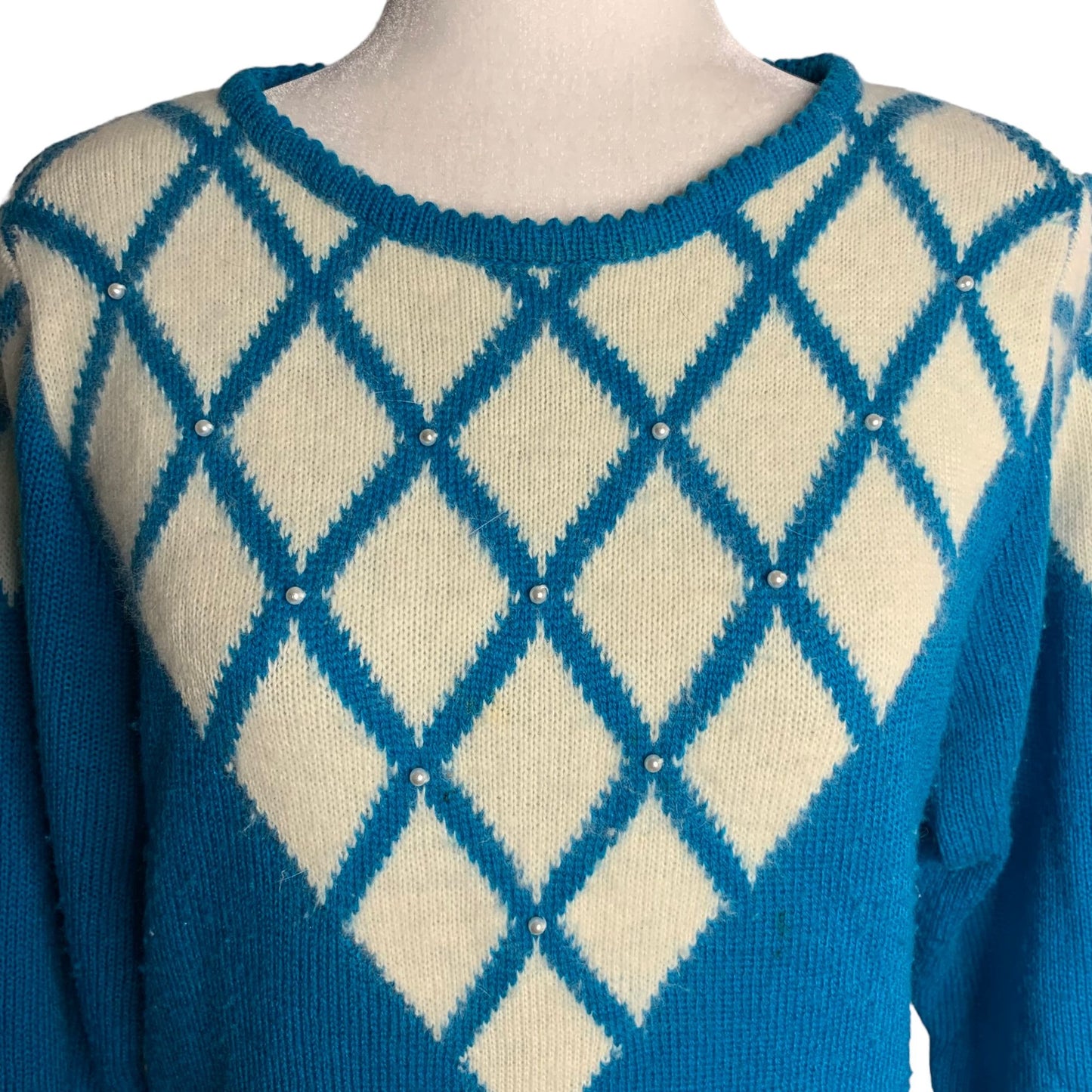 Vintage Miller Wool Angora Blend Sweater L Blue Knit Beaded Pullover Ribbed Trim