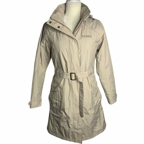 Atunas Long Trench Rain Coat PrimaLoft Liner S Beige Goretex Hood Pockets Belt