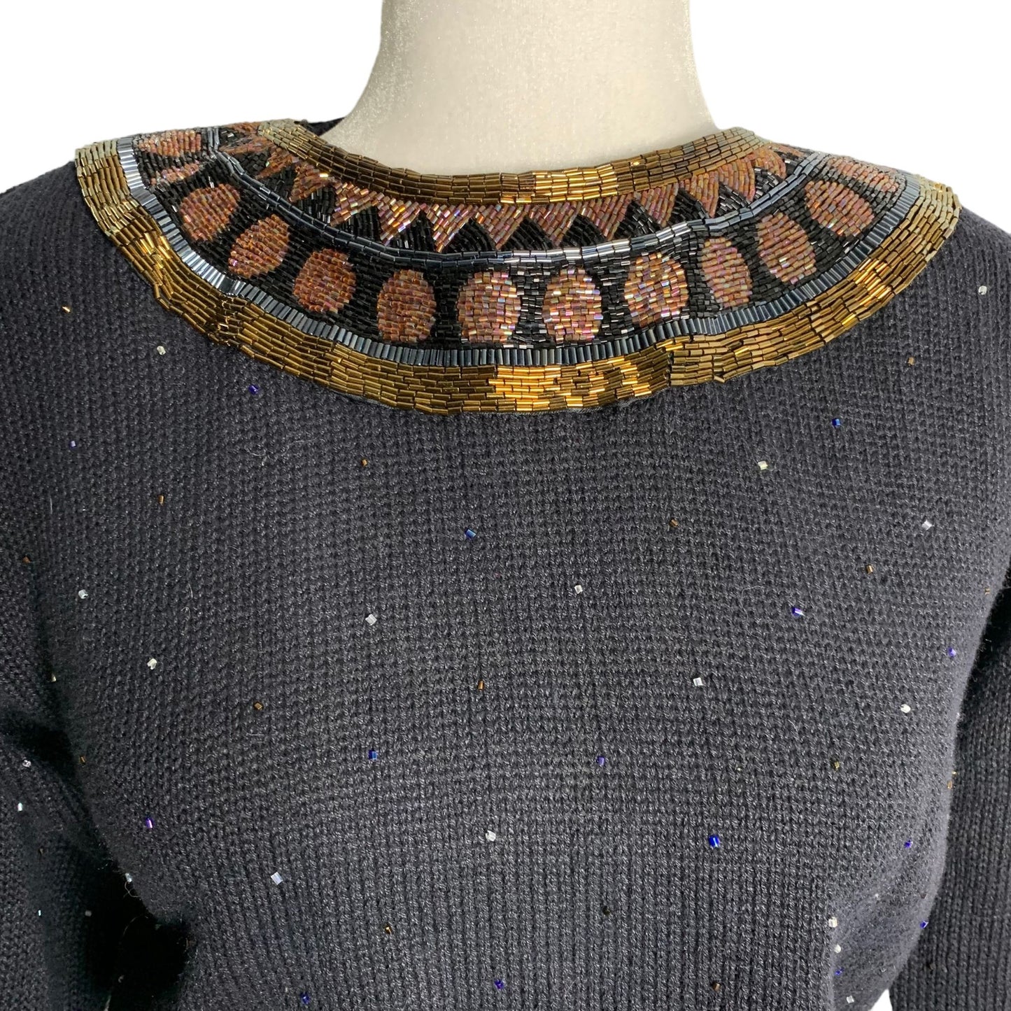 Vintage 90s Bonnie Boerer Beaded Sweater S Black Pullover Knit Hook Loop Collar