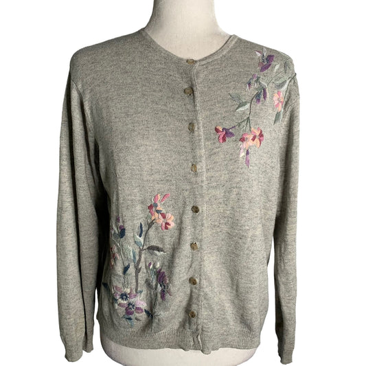 Heirloom Collectibles Silk Cardigan Sweater M Grey Embroidered Floral Buttons