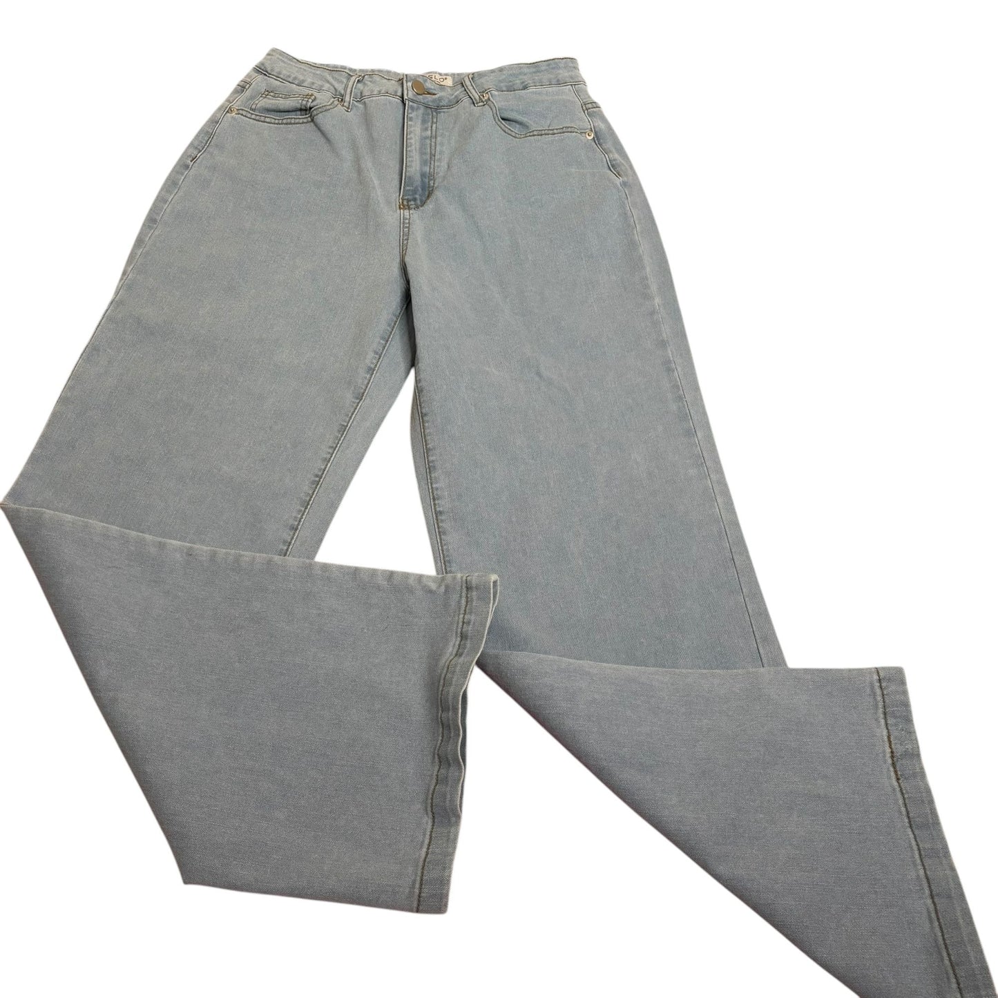 Ettelo Light Wash Denim Jeans Size 14 Wide Leg High Waisted 5 Pocket Button Zip