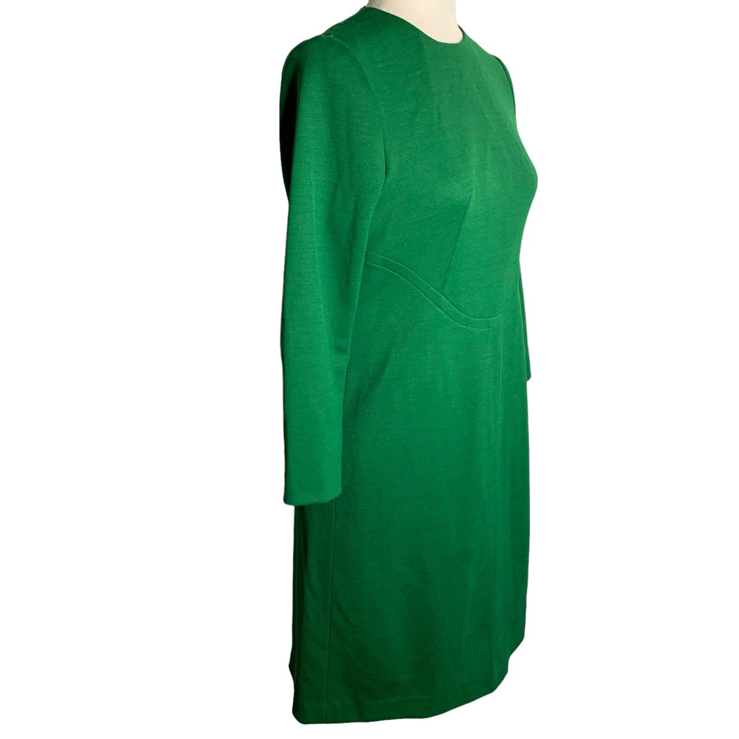 Vintage 60s Stretch Knit Mod Shift Dress S Green Lined 3/4 Sleeve Round Neck Zip