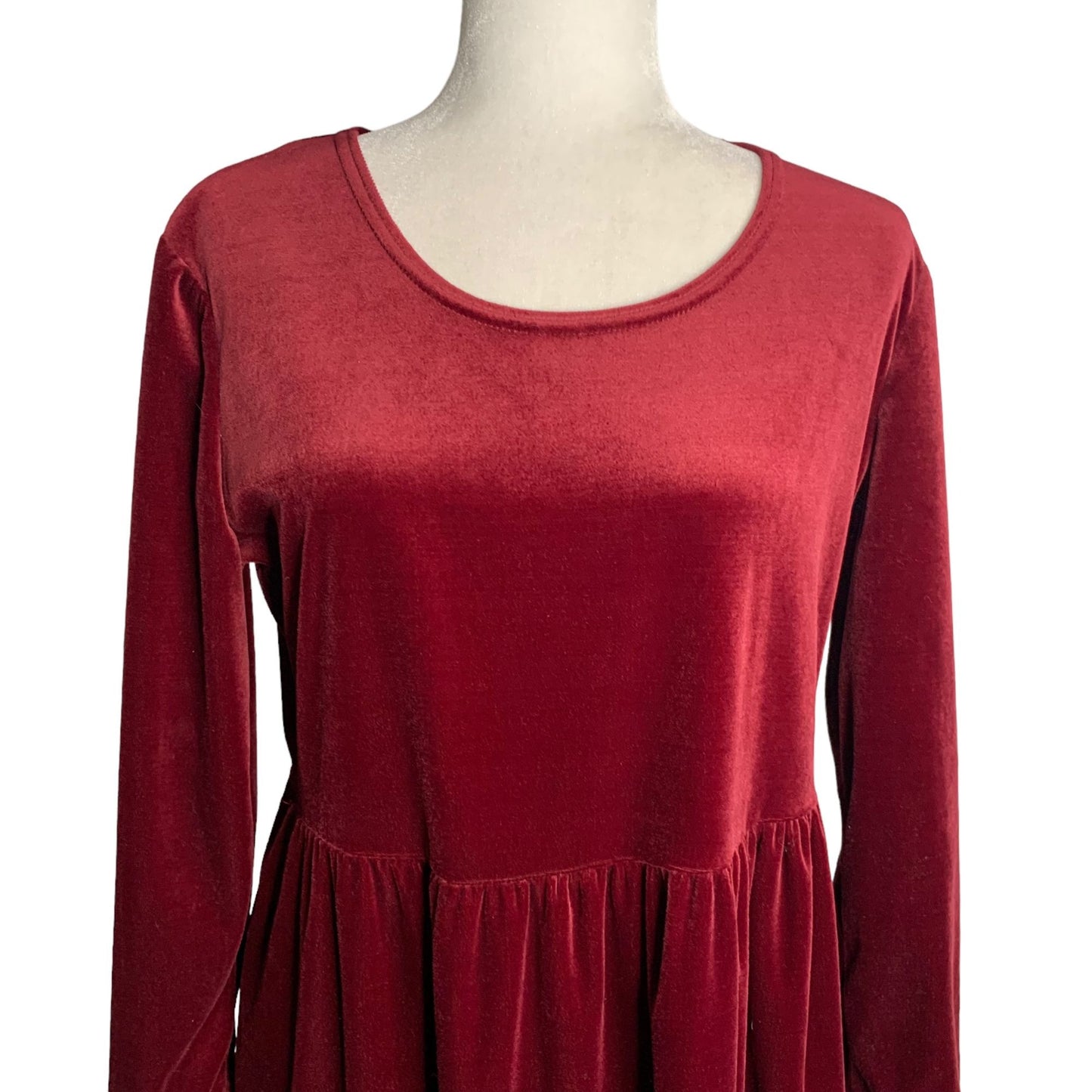 Vintage 90s Kathie Lee Velvet Dress 10 Maroon Red Long Sleeve Elastic Waist