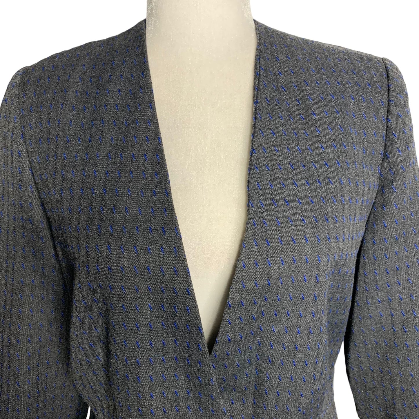 Vintage 80s Haberdas Her Cropped Blazer 6 Grey Blue One Button No Collar Lined