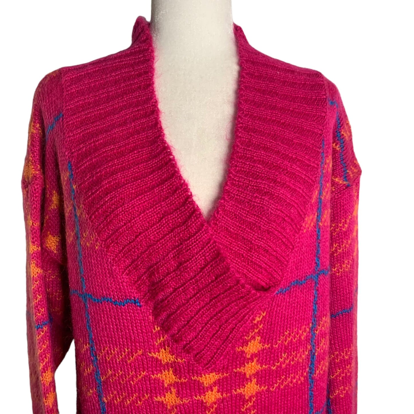 Vintage 90s Mohair Wool Oversized Sweater S Pink Cable Knit V Neck Long Sleeve