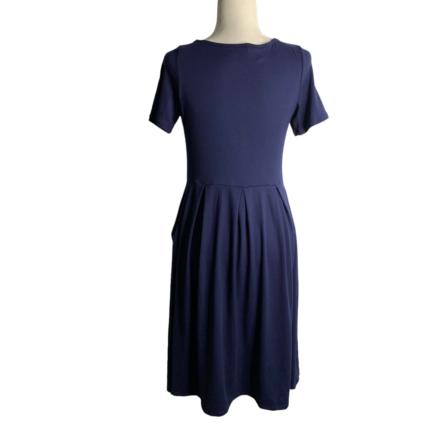 24 Seven Comfort Apparel Pleated Midi Dress S Navy Blue Short Sleeves Pockets