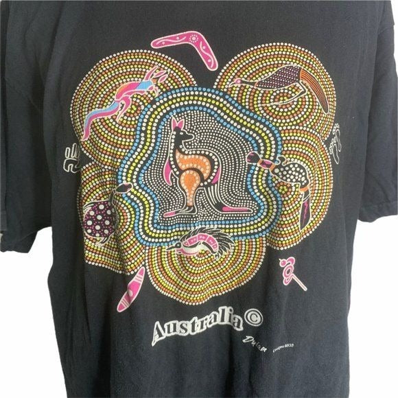 Vintage 90s Australia Crew Neck T Shirt L Black Short Sleeve Art Tee Kangaroo