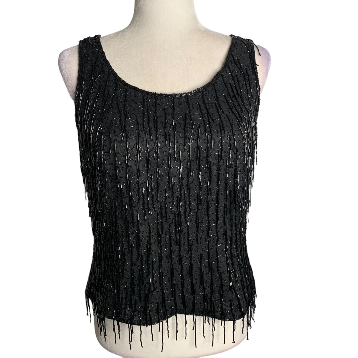 Vintage 90s Silk Beaded Tank Top L Black Lined Full Zip Back Evening Flapper