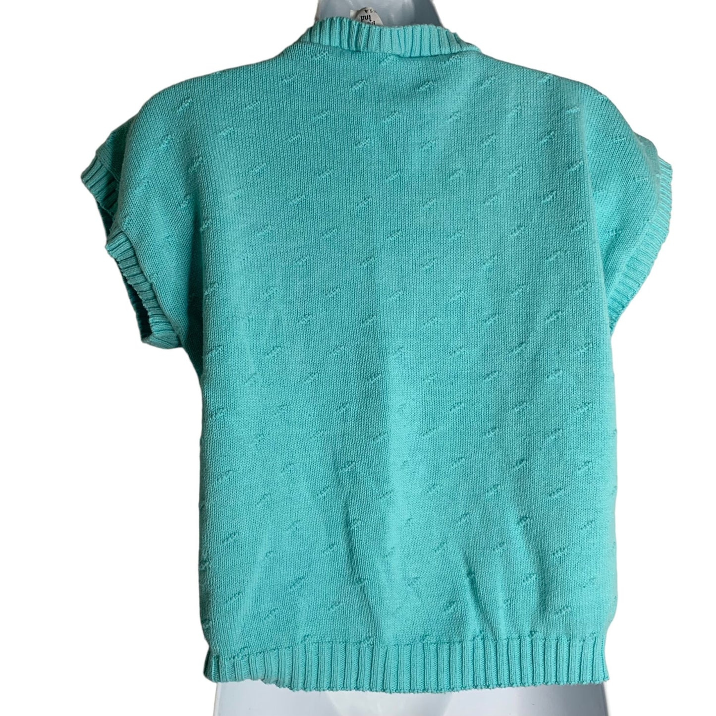 Vintage 80s Short Sleeve Knit Sweater S Teal Cotton Dolman Round Neck Ribbed