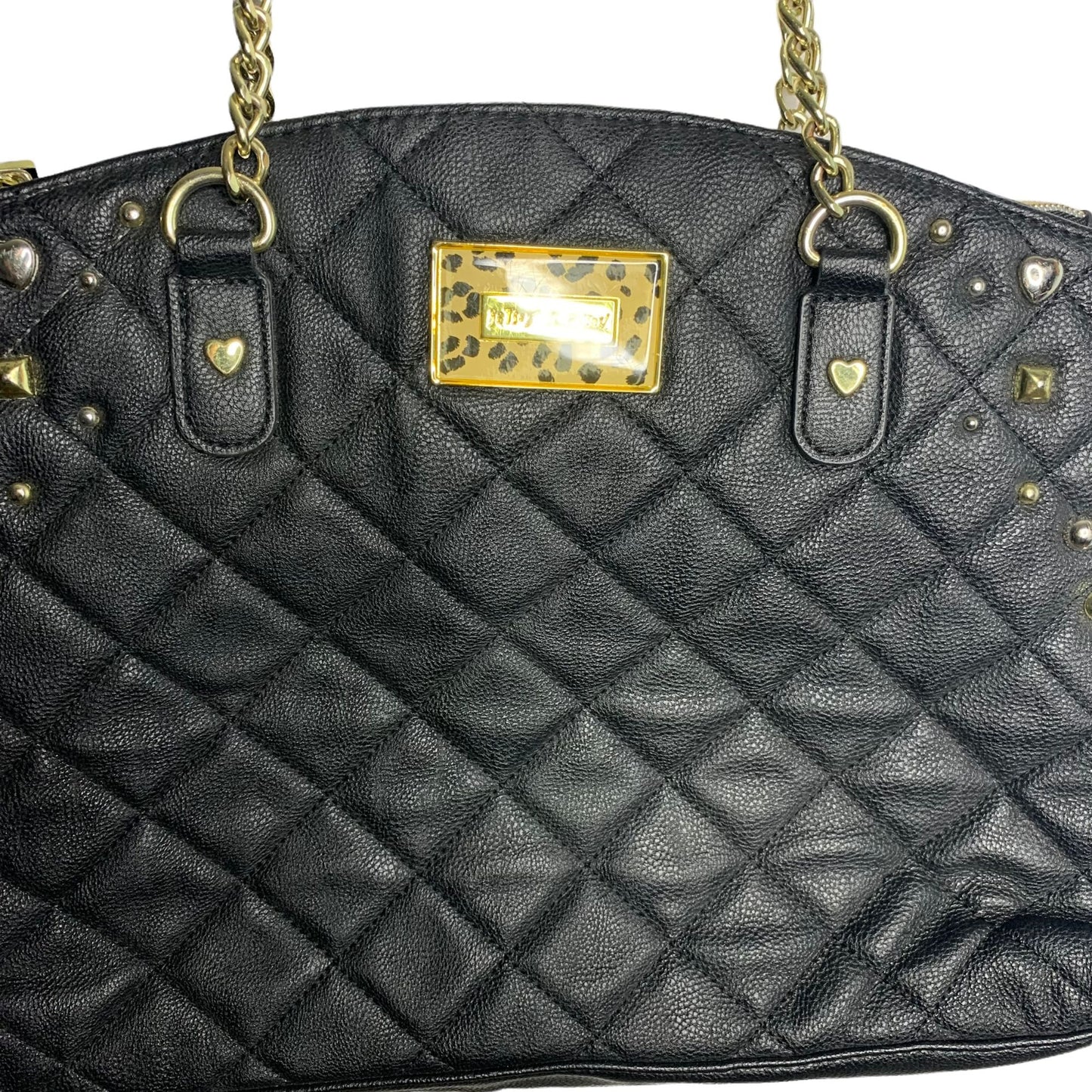 Betsey Johnson Peekaboo Leopard Shoulder Bag Black Quilted Snaps Gold Hardware