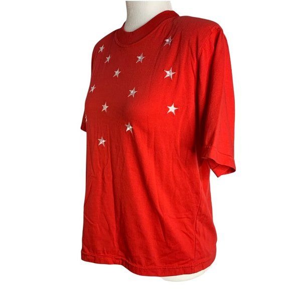 Vintage 90s Baxter & Wells Embroidered T Shirt M Red Stars Short Sleeves