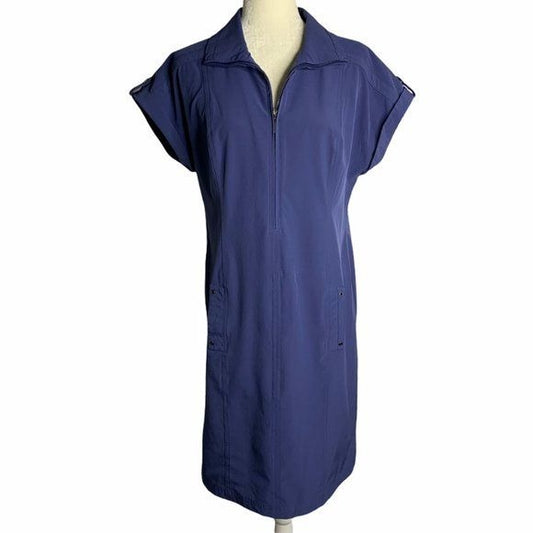 Peck Peck Weekend Half Zip Shirt Dress M Blue Short Sleeve Pockets Collared