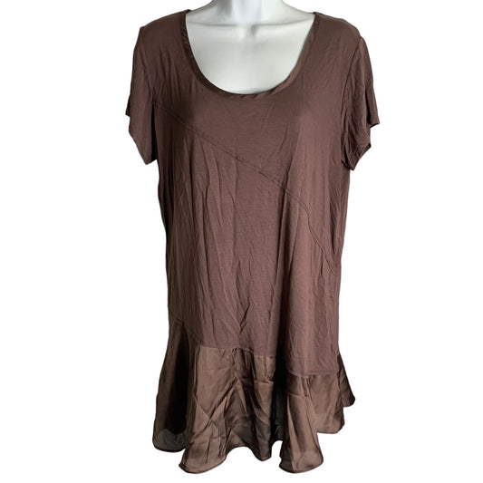 H by Bordeaux Satin Ruffle Tunic Top L Mocha Brown Short Sleeve T Shirt NEW