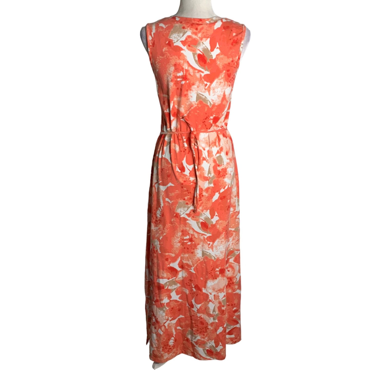 Denim Co Sleeveless Maxi Dress XXS Orange Floral V Neck Waist Tie Stretch