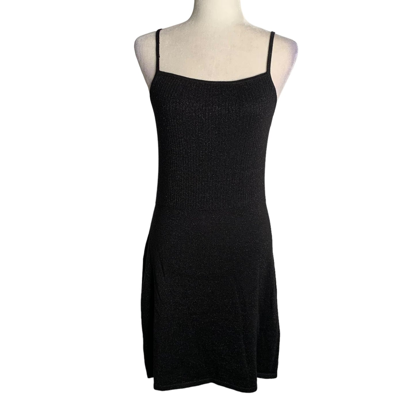 Vintage 90s Esprit Ribbed Knit Mini Dress M Black Metallic Spaghetti Straps