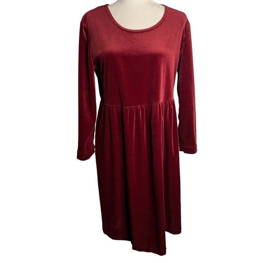 Vintage 90s Kathie Lee Velvet Dress 10 Maroon Red Long Sleeve Elastic Waist