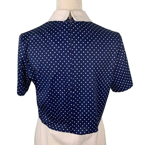 Vintage Polka Dot Linen Blend Dress M Blue White Zip V Neck Collar Rockabilly