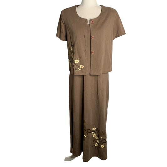 Vintage 90s Hand Painted Maxi Dress Set S Mocha Hawaiian Button Up Top Floral