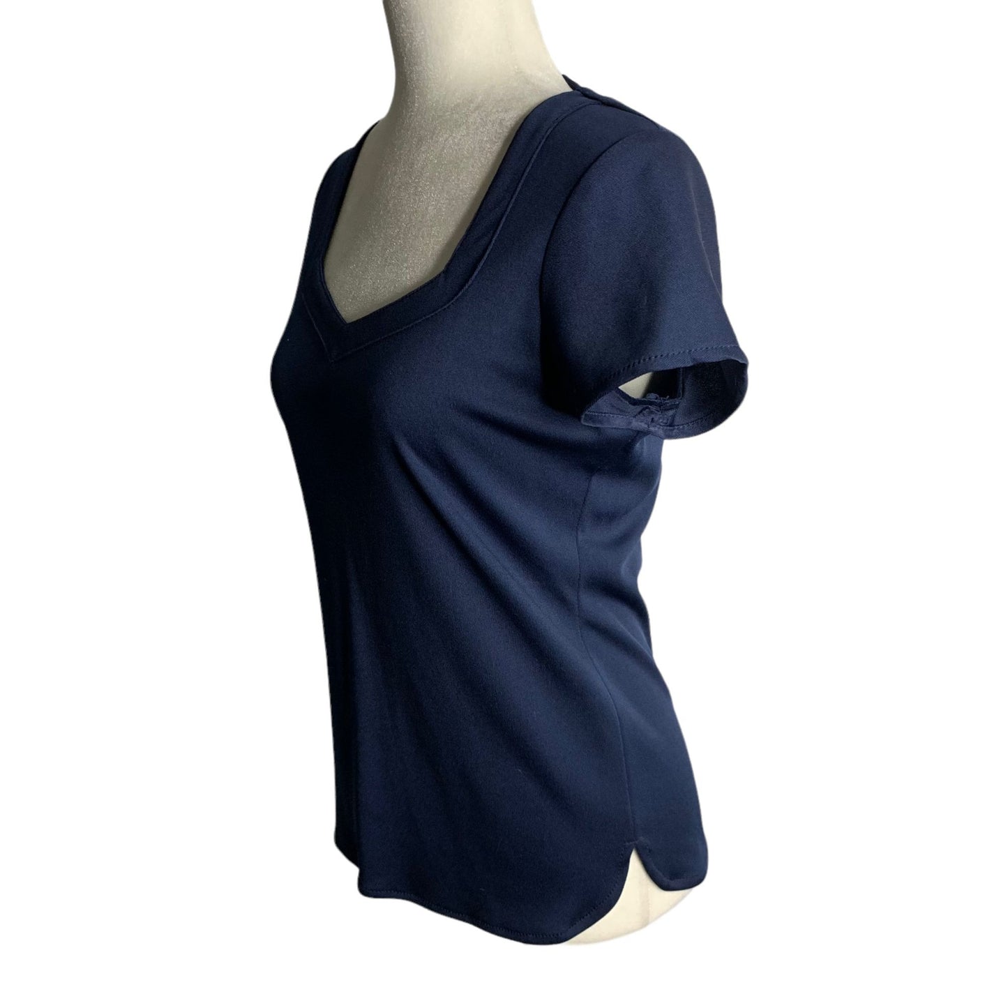 Vintage 80s Rina Stretch Knit Short Sleeve Top S Navy Blue V Neck Back Zipper