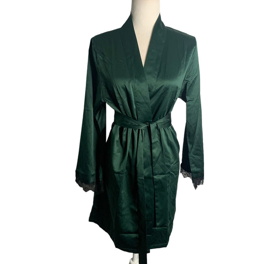 Fredericks of Hollywood Erina Satin Robe S Forest Green Lace Back Tie Belt NEW