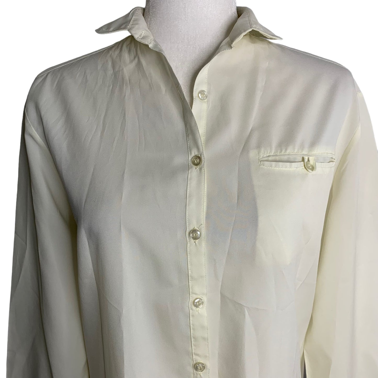 Vintage Button Up Long Sleeves Shirt M Cream Silky Chest Pocket Collared